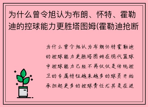 为什么曾令旭认为布朗、怀特、霍勒迪的控球能力更胜塔图姆(霍勒迪抢断布克)